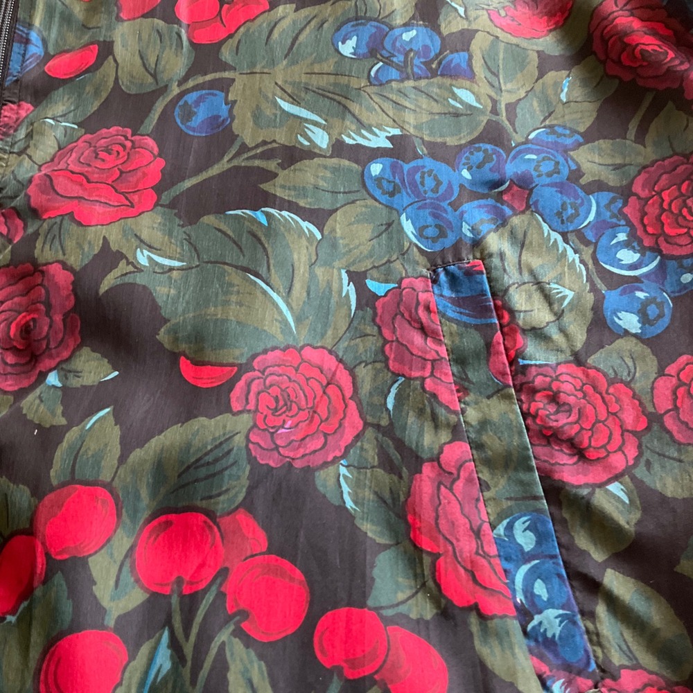 Vintage Silk Bomber Jacket‎ Womens OSFM Green Floral Rose Cherry Fruit Print - Picture 2 of 11